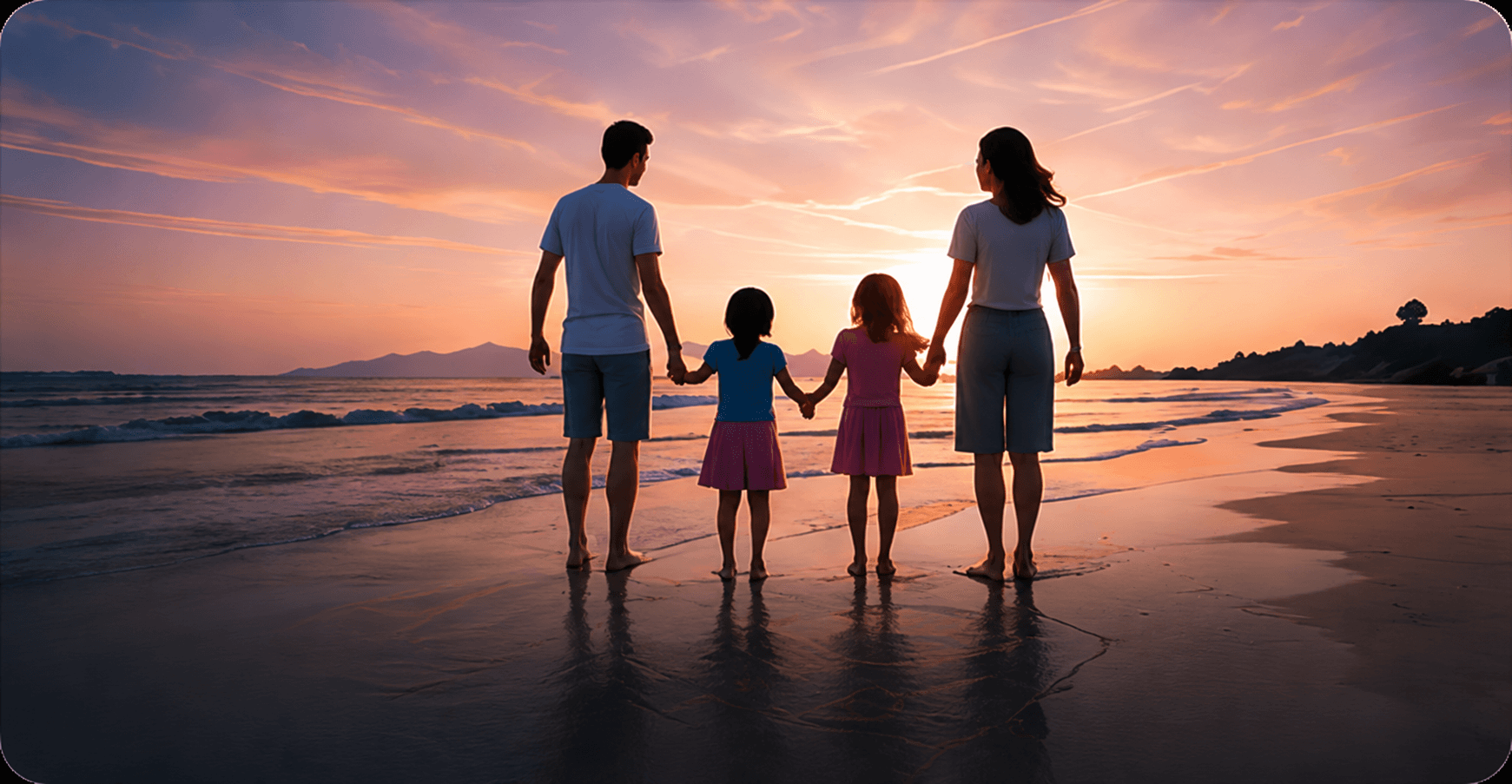 Family watching a colorful Goa sunset together on the beach
