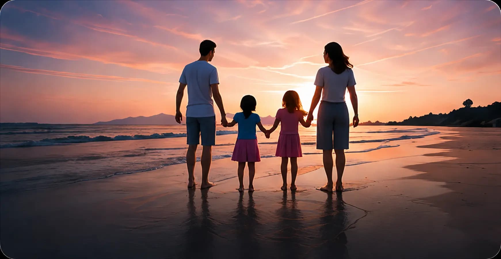 Family watching a colorful Goa sunset together on the beach