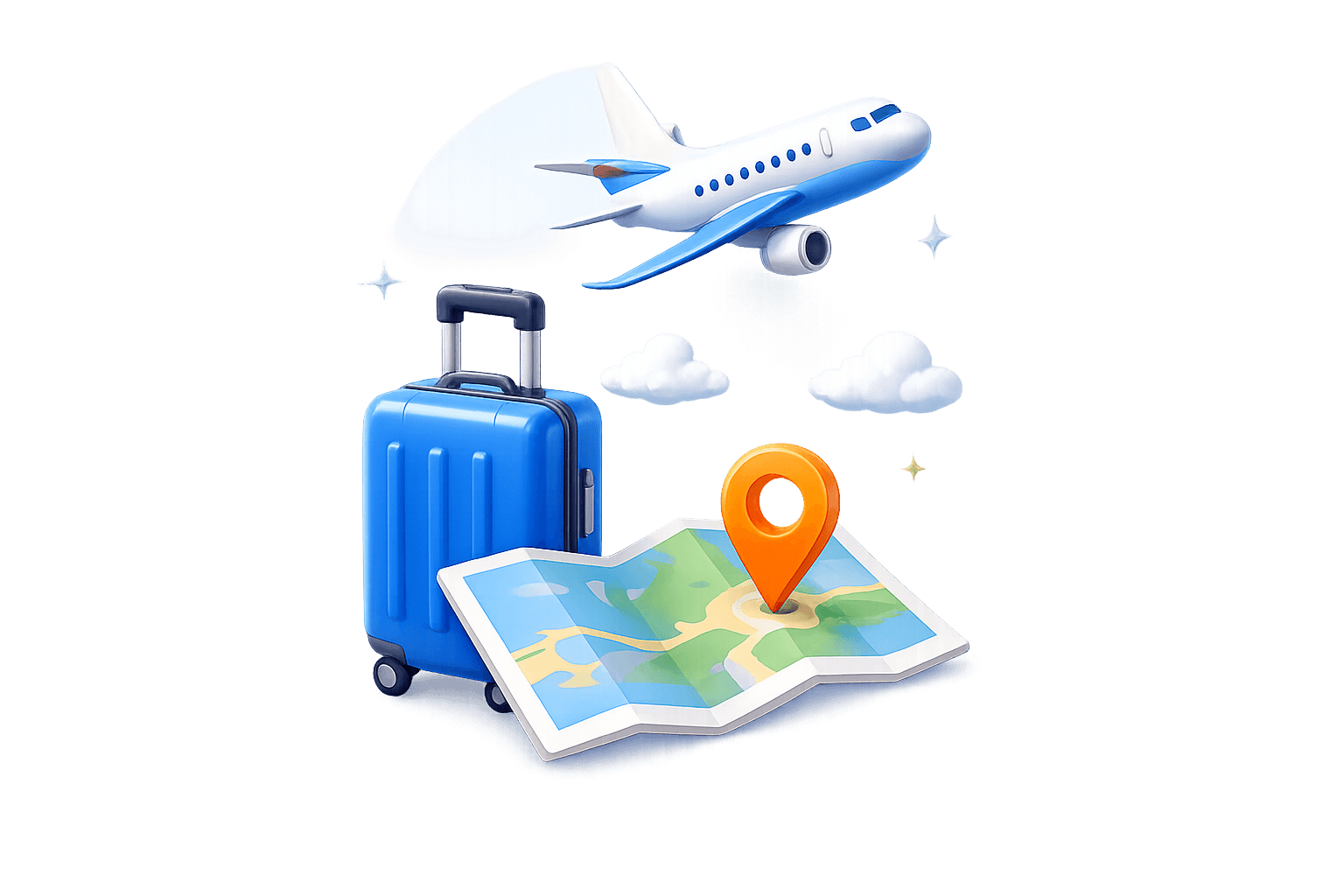 Travel suitcase, airplane and map illustration