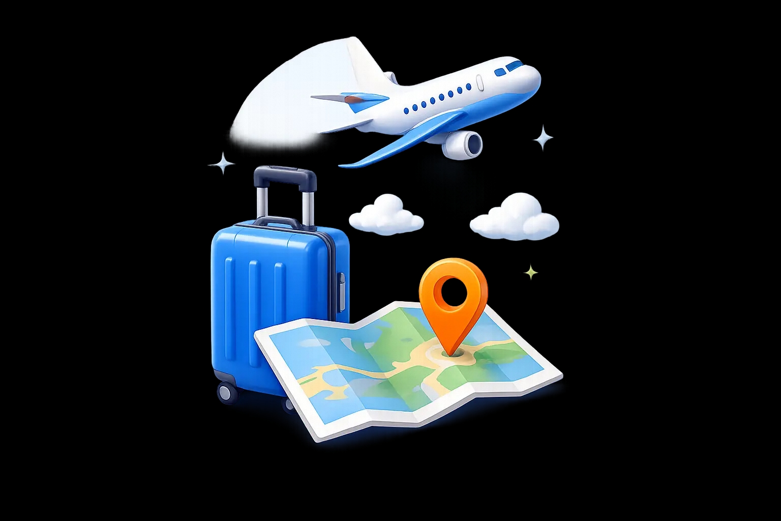 Travel suitcase, airplane and map illustration