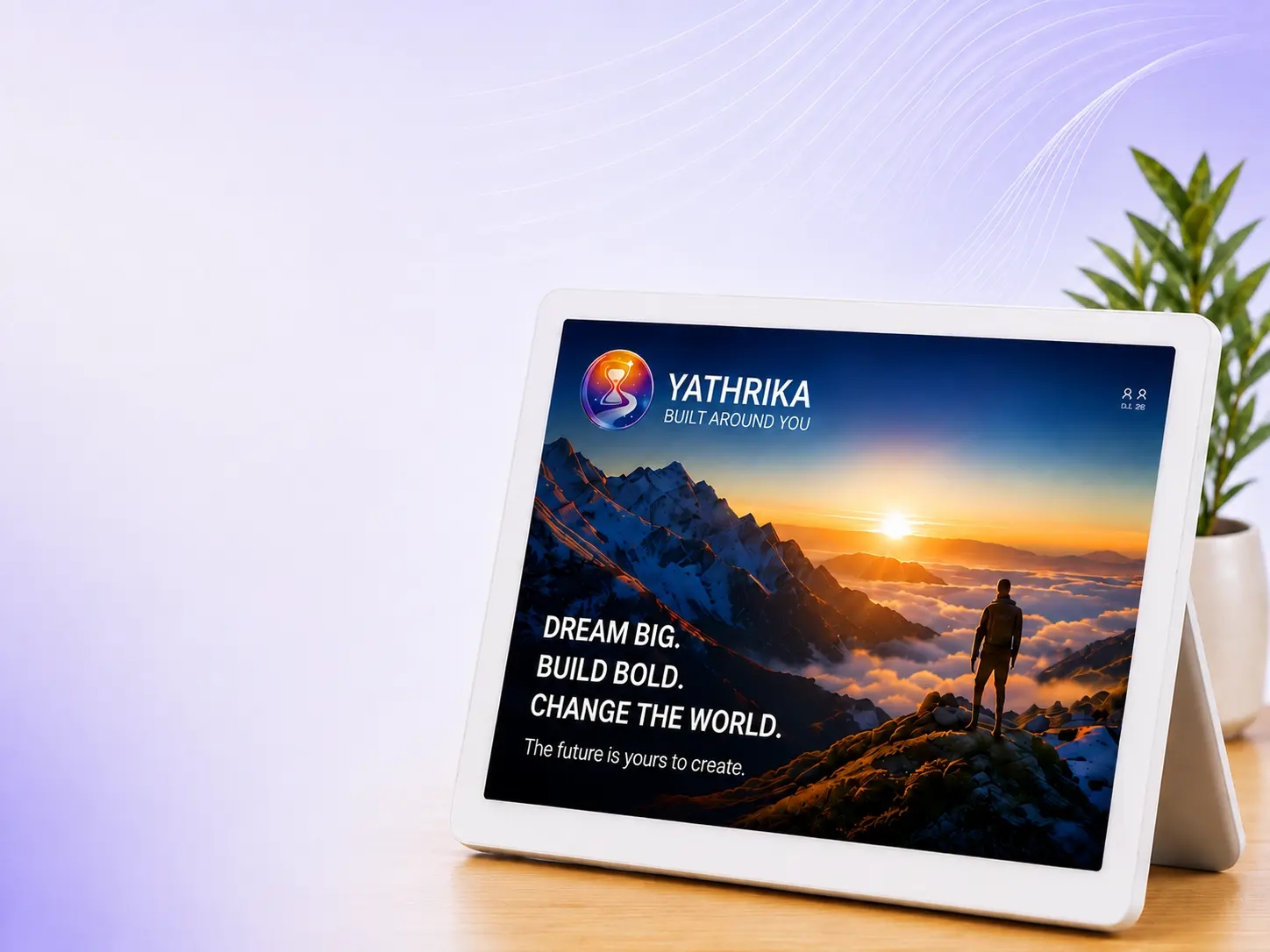 Yathrika smart display showing a mountain landscape