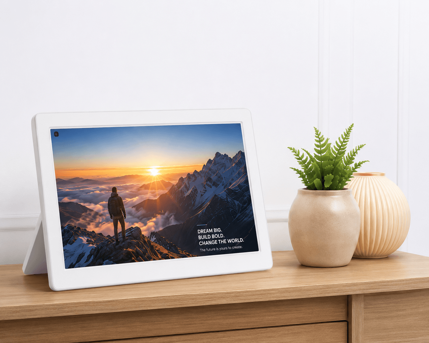 Yathrika smart display with mountain view, plant and lamp